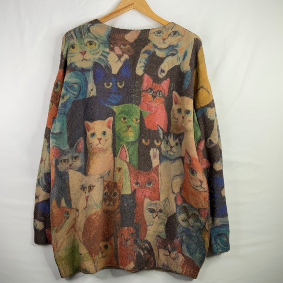 Women Colorful Cat All Over Print Wool Blend Fuzzy Knit Sweater Crewneck Multi - Picture 2 of 7